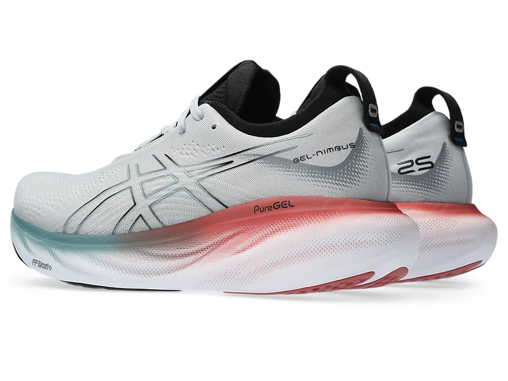 Back angle view of the Men's Nimbus 25 from ASICS in the color Piedmont Grey/Foggy Teal