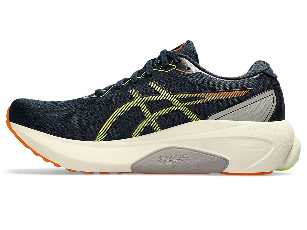 Medial view of the Men's Kayano 30 by ASICS in the color French Blue/Neon Lime