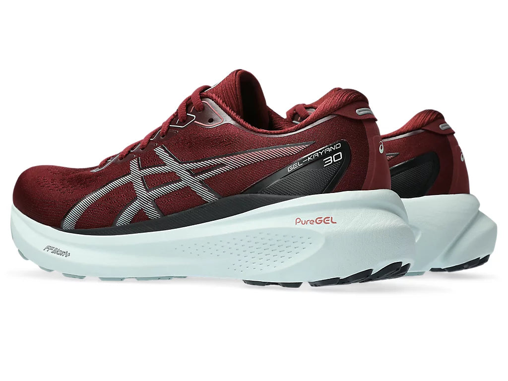 Back angle view of the Men's Kayano 30 by ASICS in the color Antique Red/Ocean Haze