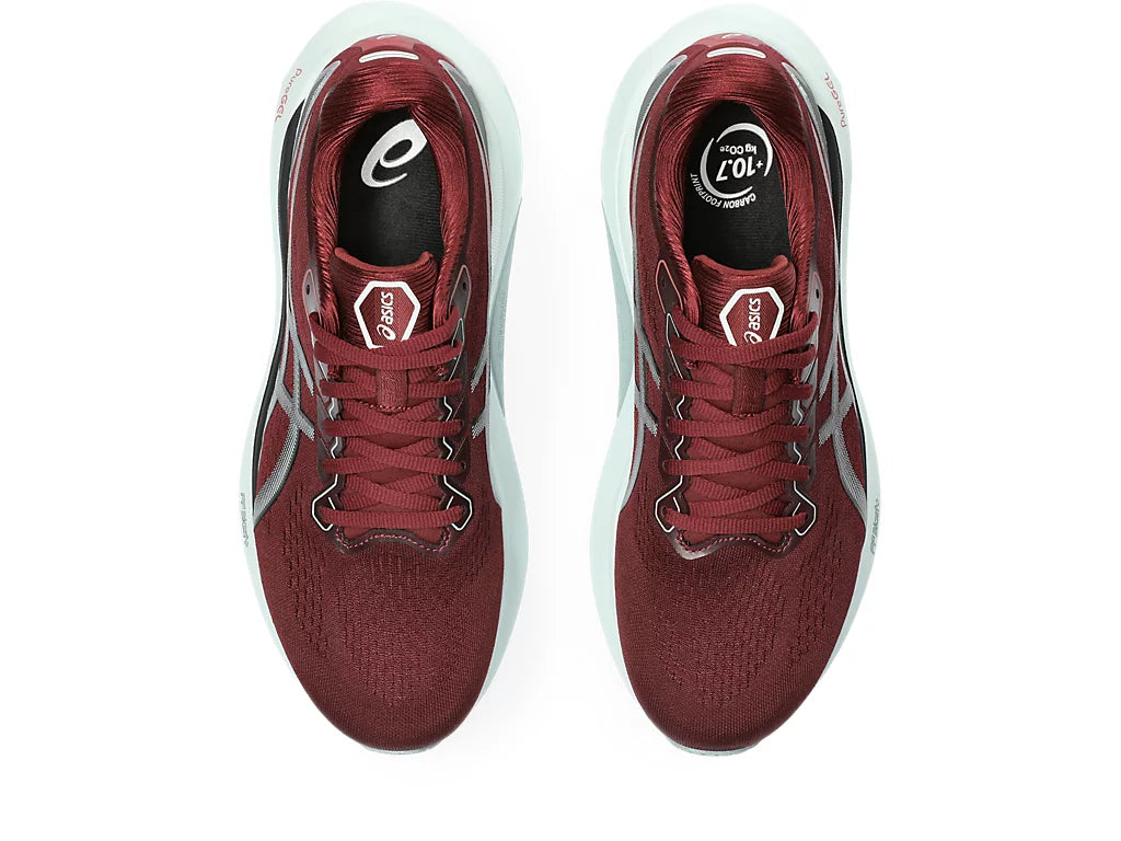 Top view of the Men's Kayano 30 by ASICS in the color Antique Red/Ocean Haze