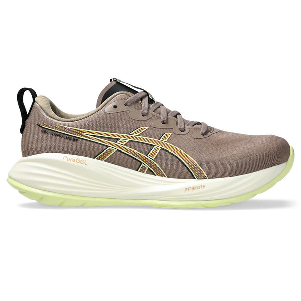 Brown ASICS Cumulus 27 running shoe with green sole on a white background