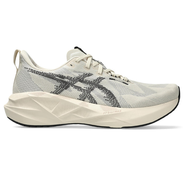 White running shoe with black accents on a white background