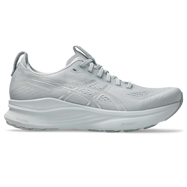 Gray mens ASICS running shoe on a white background.