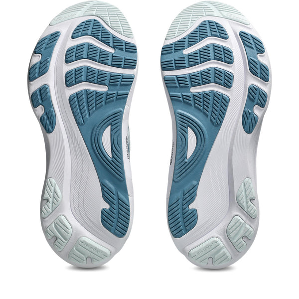 White running shoe with blue accents on a white background