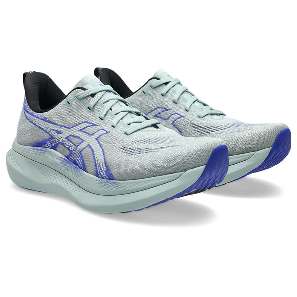 A cobalt blue Asics logo is in the middle of the upper on both sides.