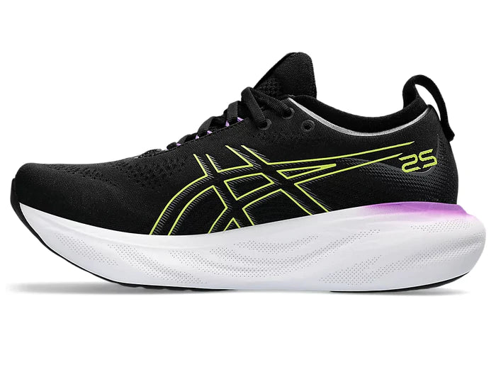 Medial view of the Women's Nimbus 25 in Black/Glow Yellow