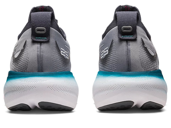 Back view of the Women's Nimbus 25 by ASICS in the color Sheet Rock/White