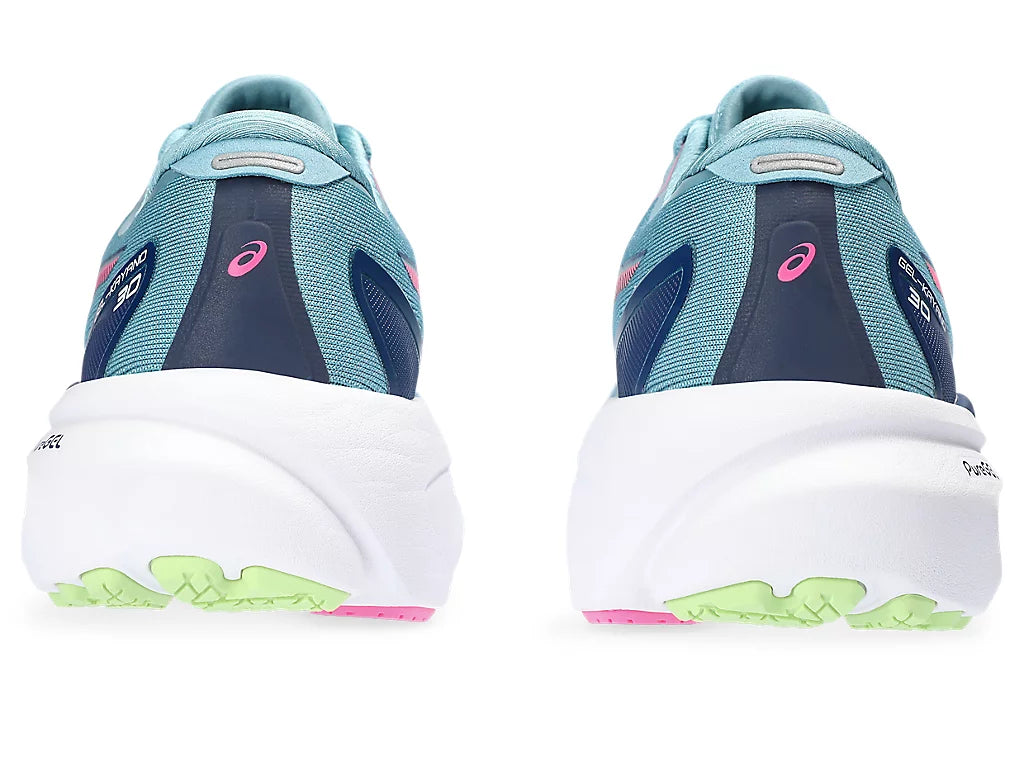 Back view of the Women's Kayano 30 by ASICS in the color Gris Blue/Lime Green