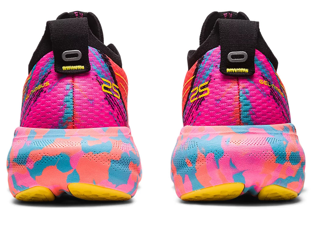 Back view of the Women's Gel Nimbus 25 by ASICS in the color Aquarium/Vibrant Yellow