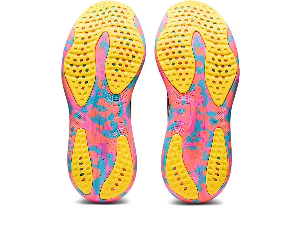 Bottom (outer sole) view of the Women's Gel Nimbus 25 by ASICS in the color Aquarium/Vibrant Yellow
