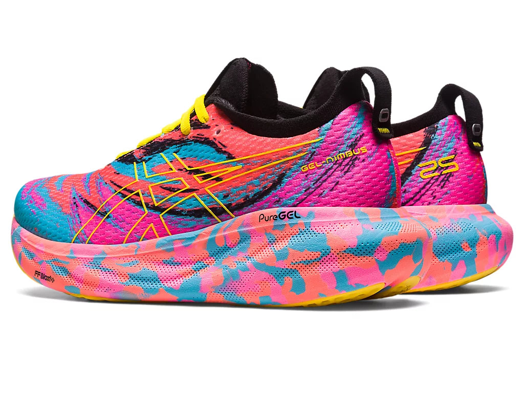 Back angle view of the Women's Gel Nimbus 25 by ASICS in the color Aquarium/Vibrant Yellow