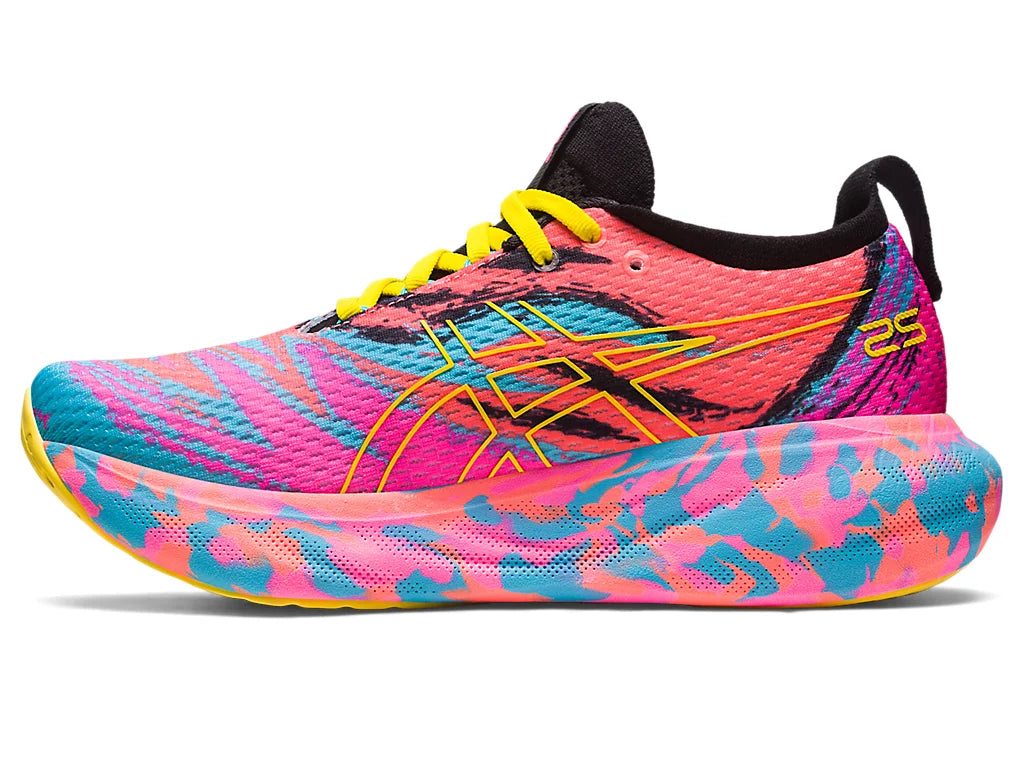 Medial view of the Women's Gel Nimbus 25 by ASICS in the color Aquarium/Vibrant Yellow