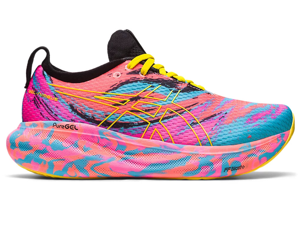 Lateral view of the Women's Gel Nimbus 25 by ASICS in the color Aquarium/Vibrant Yellow