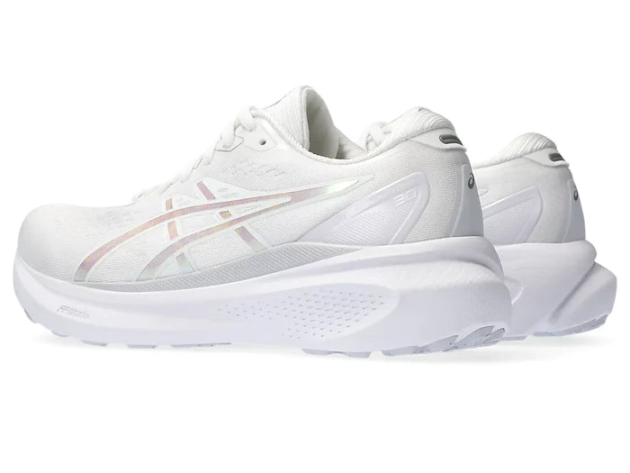Back angle view of the Women's Kayano 30 (Anniversary Edition) in White/Lilac/Hint