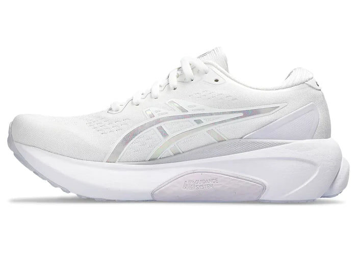 Medial view of the Women's Kayano 30 (Anniversary Edition) in White/Lilac/Hint