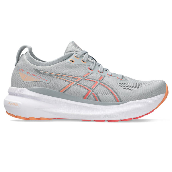 Gray running shoe with orange accents on a white background