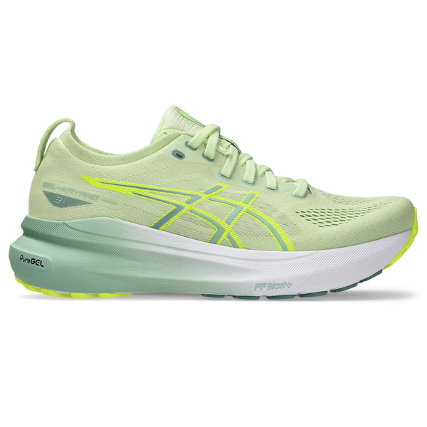 The lateral side of this women's Kayano 31 has the normal SICS logo surrounded with a light green upper