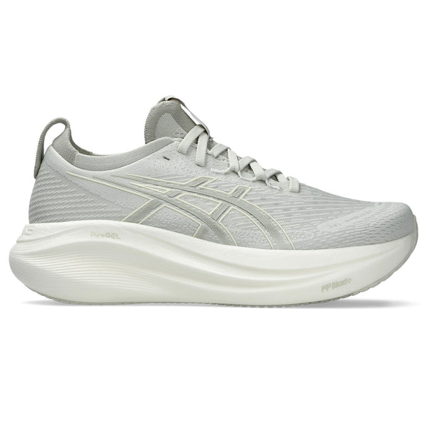 A pair of white ASICS Gel-Nimbus 27 running shoes with mesh upper and cushioned sole.