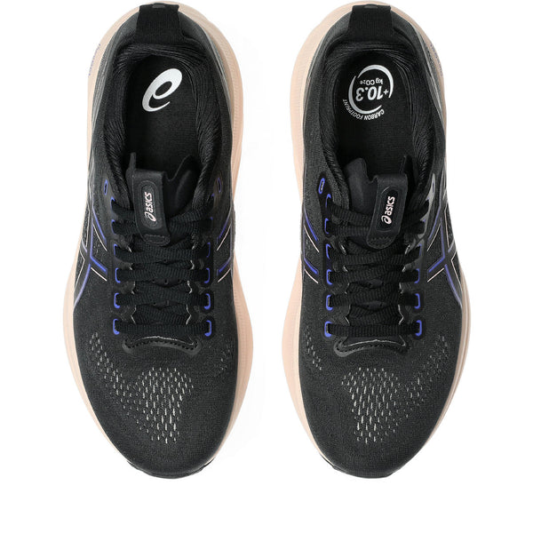 A top down view of a women's Kayano 32 with a black upper.