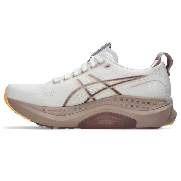 White running shoe with brown sole on a white background.