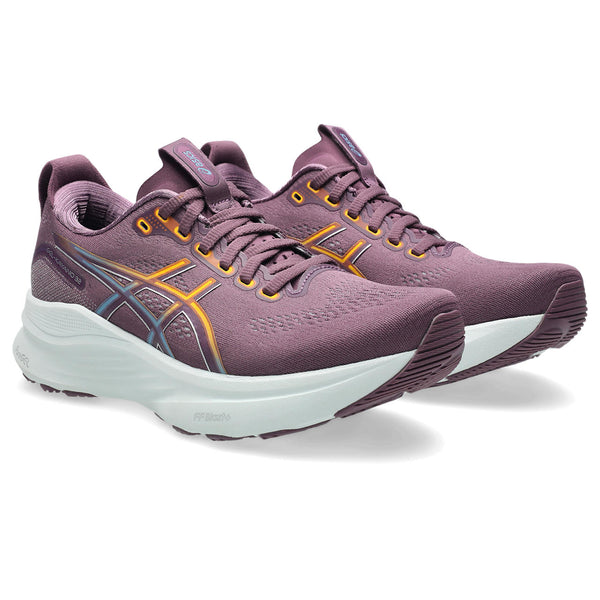 Grey and purple ASICS running shoe with white sole on a white background