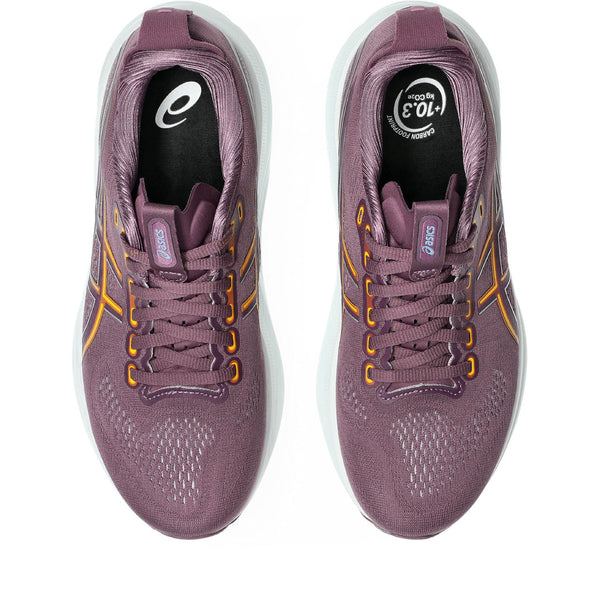 Grey and purple ASICS running shoe with white sole on a white background