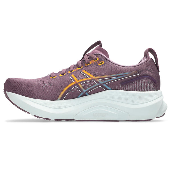Grey and purple ASICS running shoe with white sole on a white background