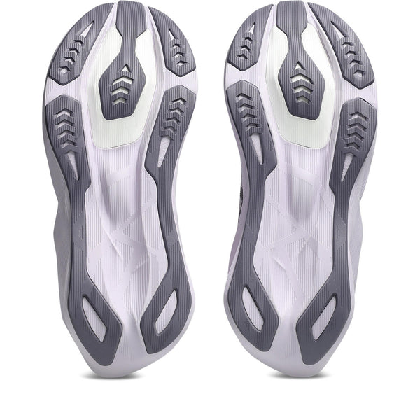 Gray running shoe with black logo on a white background