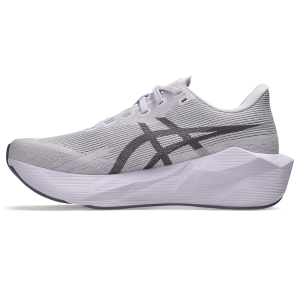 Gray running shoe with black logo on a white background