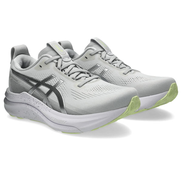 A metallic silver asics logo is in the middle of the upper on both sides