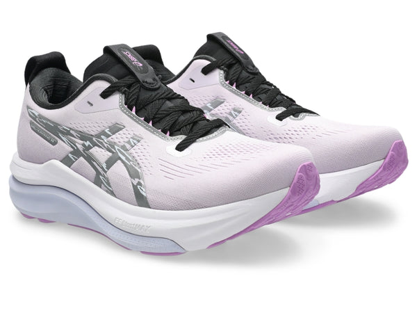 A pair of ASICS running shoes with black laces and a black tongue.