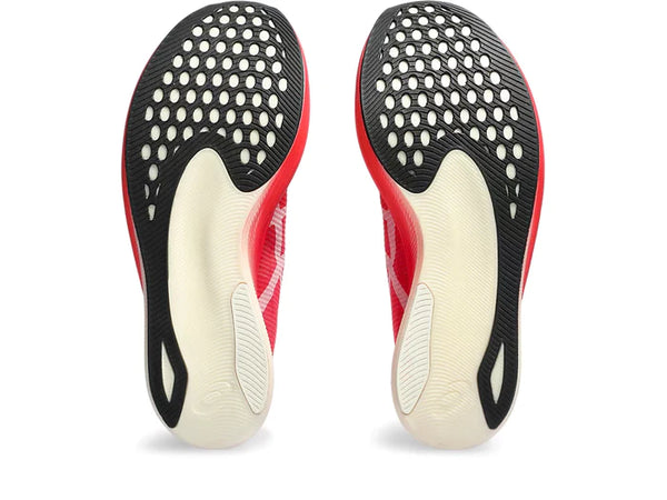 Bottom (outer sole) view of the Unisex MetaSpeed Edge Plus by ASICS in Diva Pink/White