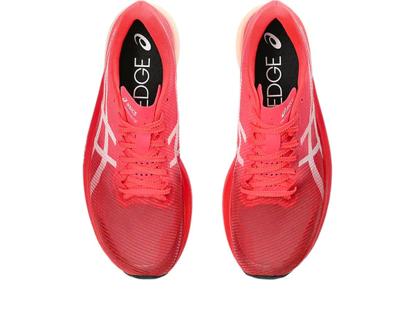 Top view of the Unisex MetaSpeed Edge Plus by ASICS in Diva Pink/WhiteThe Metaspeed Edge + from ASICS have a loud and fast color for a fast racing shoe
