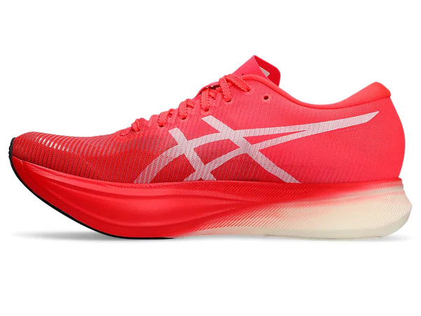 Medial view of the Unisex MetaSpeed Edge Plus by ASICS in Diva Pink/WhiteThanks to an energetic midsole foam and a propulsive carbon plate, runners wearing these shoes will be able to conserve more energy while maintaining their pace at the later stages of the race.  