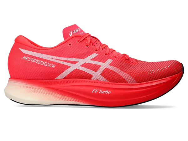 Lateral view of the Unisex MetaSpeed Edge Plus by ASICS in Diva Pink/WhiteThe Metaspeed Edge + racing shoes are designed for cadence-style runners who are looking to start fast and finish faster. Runners wearing these shoes will be able to take longer strides while conserving energy with each step.