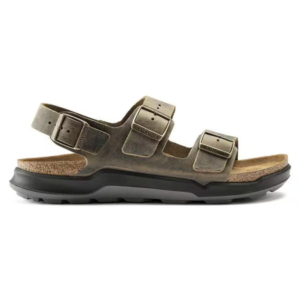 This Milano Birkenstock sandal has a oiled leather upper and a cork midsole.