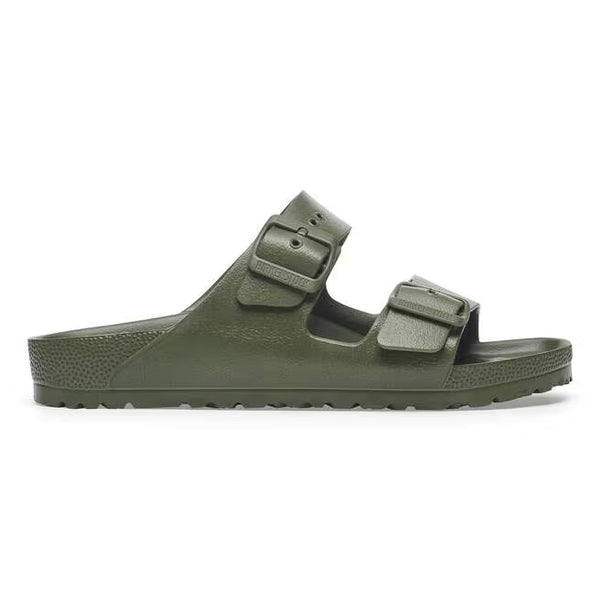 This Arizona Birkenstock sandal has a monochromatic look with a army green upper and midsole.