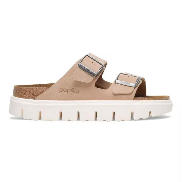 This Arizona sandal has a suede upper, a cork midsole, and a EVA platform outsole.