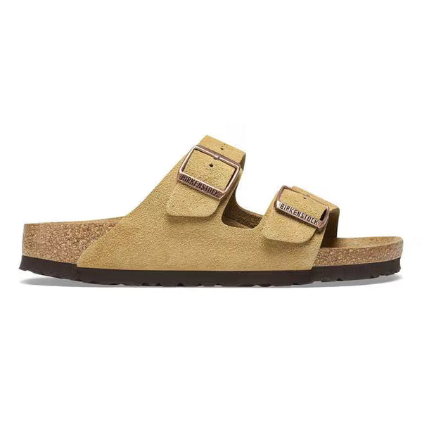 This Arizona Birkenstock sandal has a suede upper and a cork midsole.