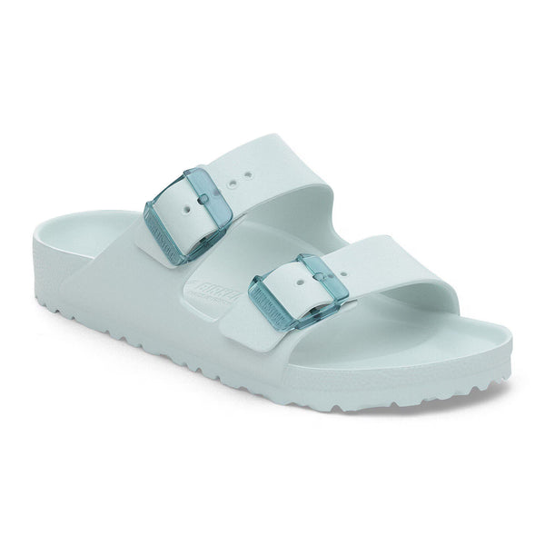 Light blue sandal with two straps on a white background