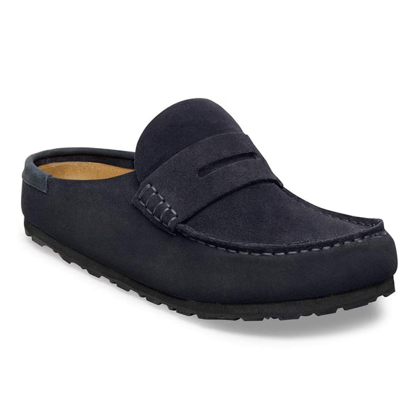Navy suede loafer style clog on a white background