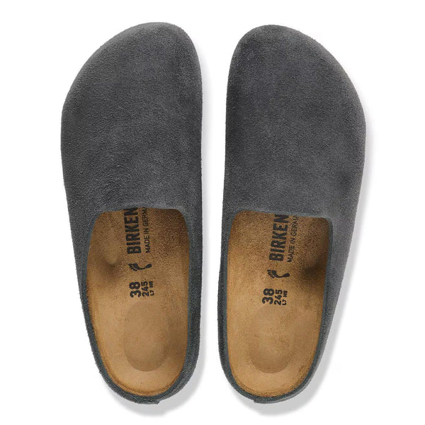 Charcoal grey suede clog on a white background