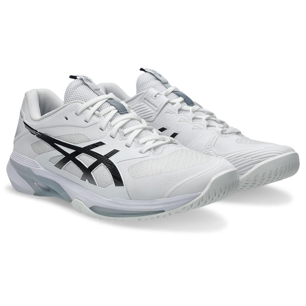 A pair of white and black ASICS tennis shoes