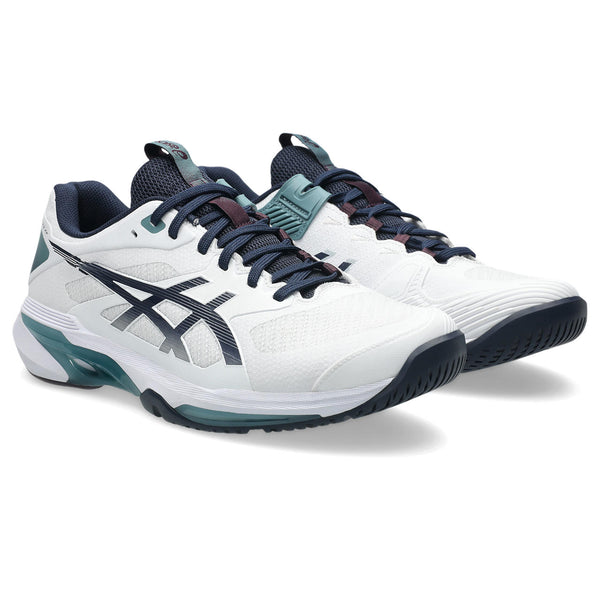 White and navy running shoes with Asics logo on a white background