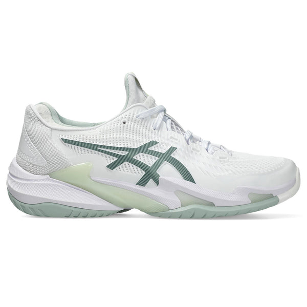 White and green ASICS tennis shoe with brand logo on a white background