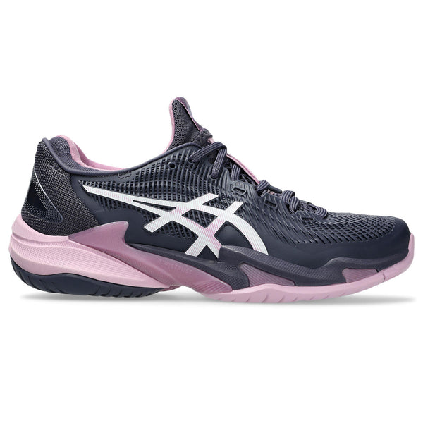 Navy and pink athletic shoe with white logo on a white background