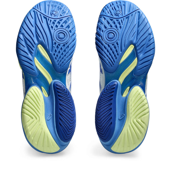 Blue and green athletic shoes with sole pattern on a white background.