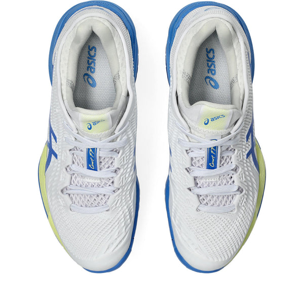 Top down look at a pair of white ASICS tennis shoes with blue accents on a white background.