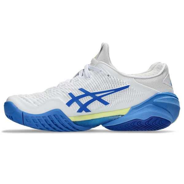 White and blue athletic shoe with a prominent brand logo on a white background