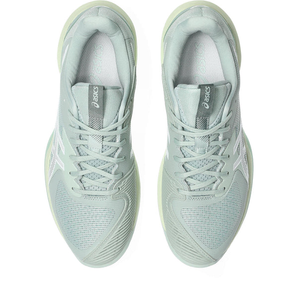 Pair of light gray running shoes with Asics logo on a white background.